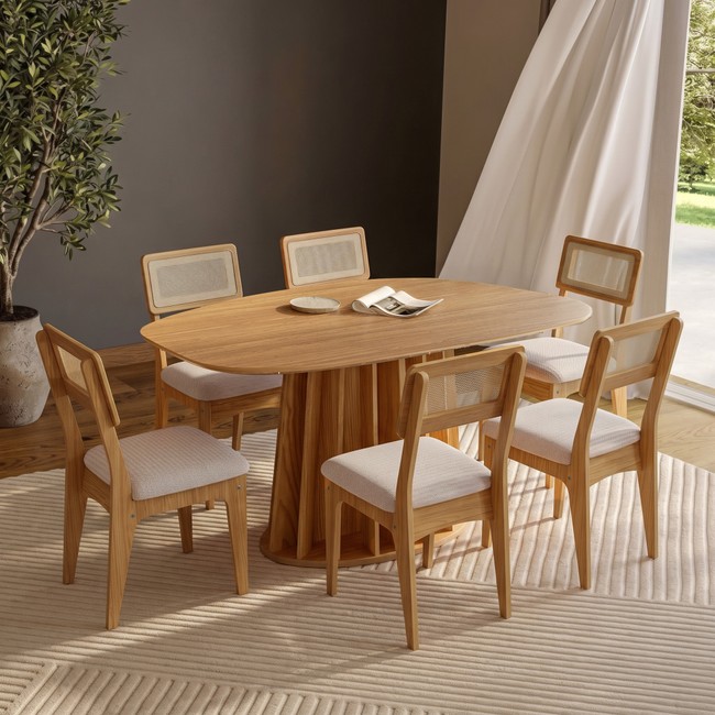 Conjunto Sala de Jantar Mesa Orgânica Ripada 160cm com 4 Cadeiras Mdf Palha Sintética Freijó/Bege Claro
