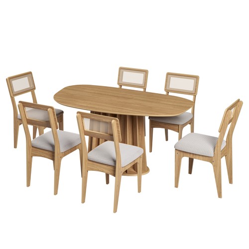 Conjunto Sala de Jantar Mesa Orgânica Ripada 160cm com 6 Cadeiras Mdf Palha Sintética Freijó/Bege Claro