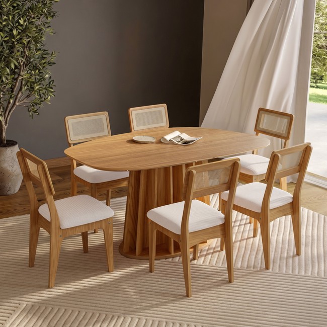 Conjunto Sala de Jantar Mesa Orgânica Ripada 160cm com 6 Cadeiras Mdf Palha Sintética Freijó/Bouclé Césare Claro