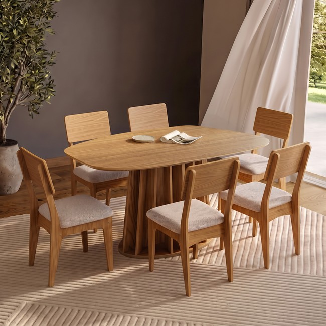 Conjunto Sala de Jantar Mesa Orgânica Ripada 160cm com 6 Cadeiras Mdf Freijó/Bege Claro