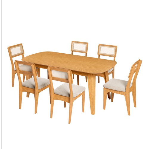 Conjunto Sala de Jantar Mesa Madrid 180cm com 6 Cadeiras Mdf Palha Sintética Carvalho Rosé/Bege Claro
