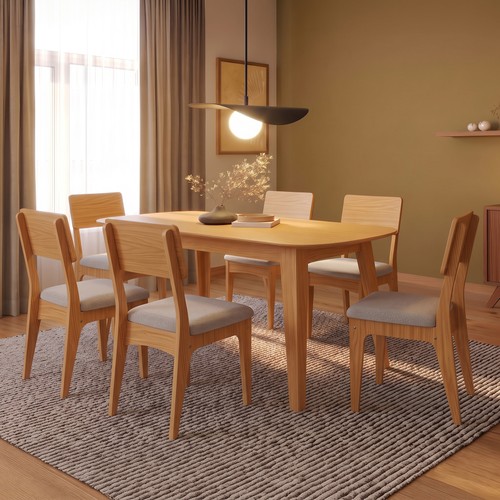 Conjunto Sala de Jantar Mesa Madrid 180cm com 6 Cadeiras Mdf Carvalho Rosé/Bege Claro