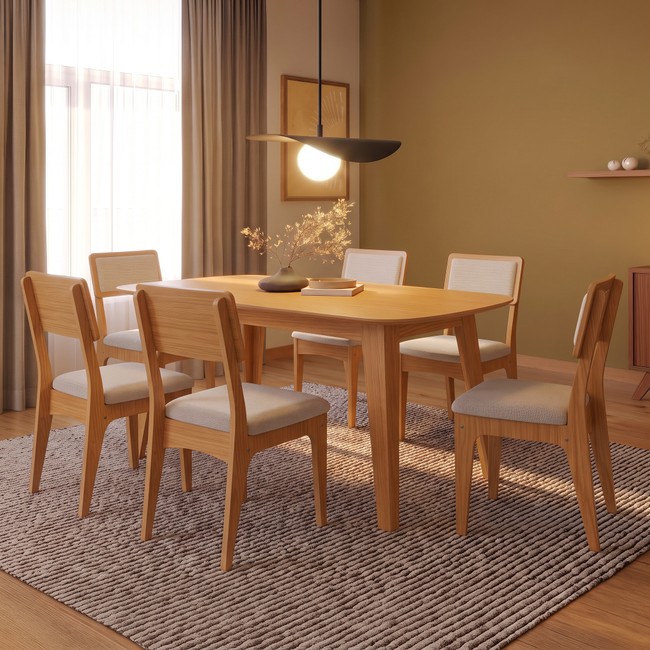 Conjunto Sala de Jantar Mesa Madrid 180cm com 6 Cadeiras Mdf Estofada Carvalho Rosé/Bege Claro