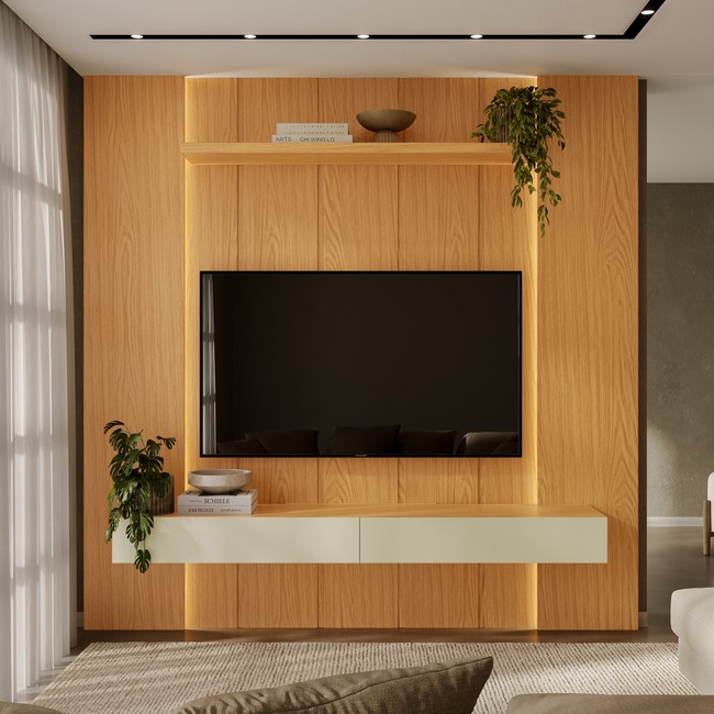 Painel para TV 220cm com Led e 2 Gavetas - Carvalho Rosé/Off White Fosco
