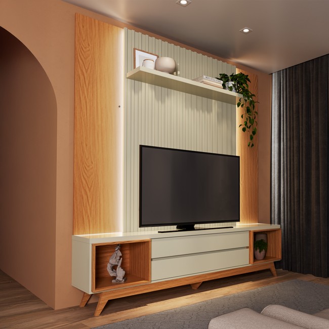 Rack Painel Ripado para TV 220cm com Led e 2 Gavetas - Off White Fosco/Carvalho Rosé
