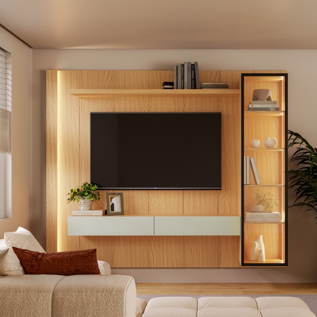 Painel para Sala de Estar 222cm com Cristaleira Led - Carvalho Rosé/Off White Fosco