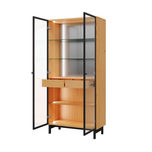 Cristaleira 90cm Led com 2 Portas de Vidro e 2 Gavetas - Carvalho Rosé