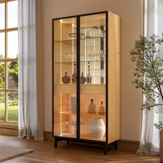 Cristaleira 90cm Led com 2 Portas de Vidro e 2 Gavetas - Carvalho Rosé