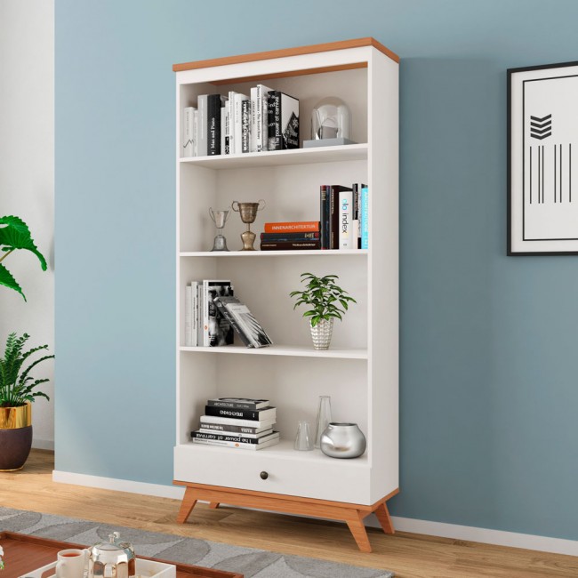Estante para Livros com 1 Gaveta Retrô Off White/Freijó - Dalla Costa