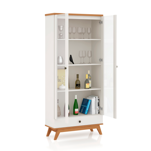 Estante para Livros 1 Gaveta 2 Portas com Vidro Retrô Off White/Freijó - Dalla Costa