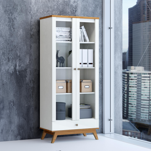 Estante para Livros 1 Gaveta 2 Portas com Vidro Retrô Off White/Freijó - Dalla Costa