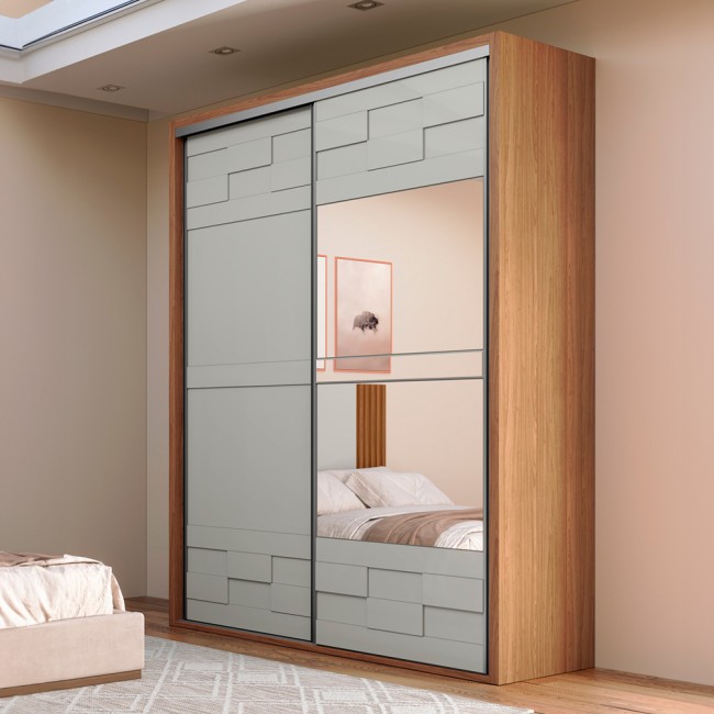 Guarda-Roupa 2 Portas de Correr 2 Gavetas Espelhado Basic Freijó/Off White - Dalla Costa