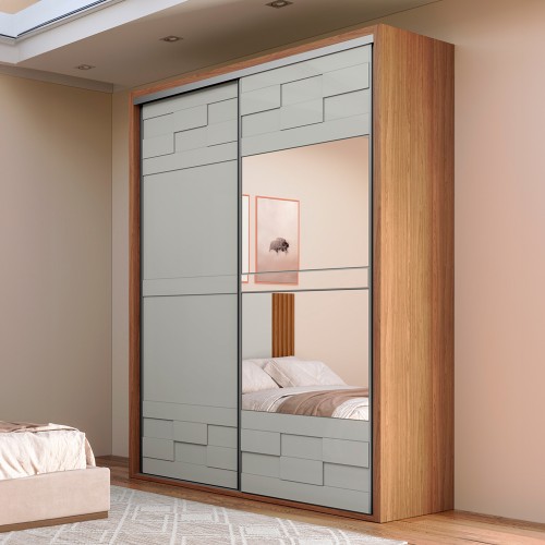 Guarda-Roupa 2 Portas de Correr 2 Gavetas Espelhado Basic Freijó/Off White - Dalla Costa