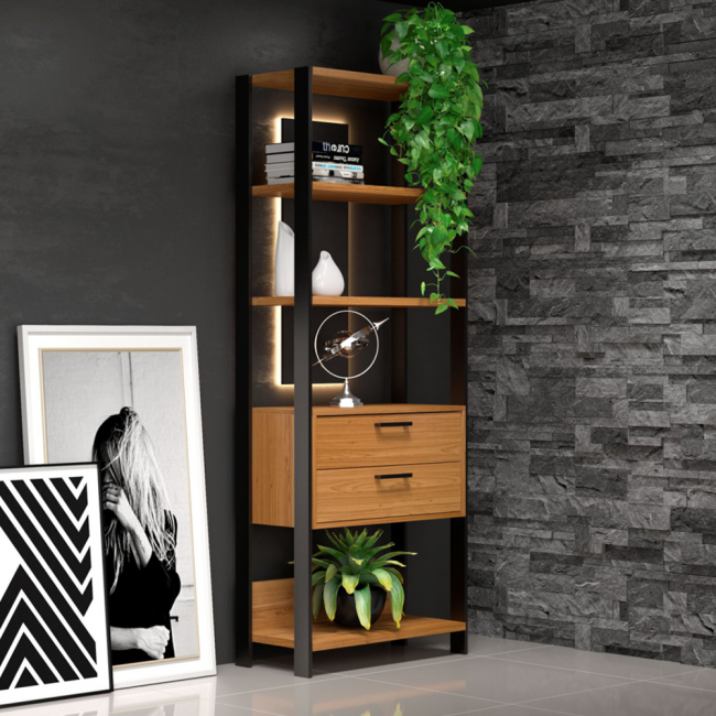 Estante para Livros 2 Gavetas Industrial E91 Jpf Freijó/Preto - Dalla Costa