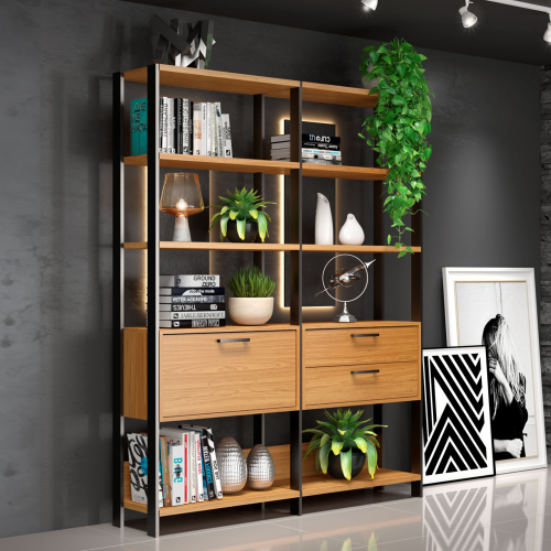 Estante para Livros 2 Gavetas 1 Porta Industrial Freijó/Preto - Dalla Costa