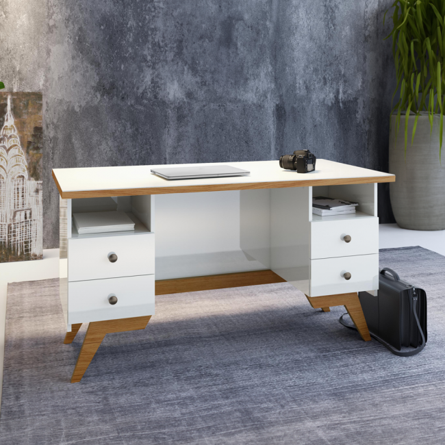 Mesa para Escritório com 4 Gavetas Retrô Off White/Freijó - Dalla Costa