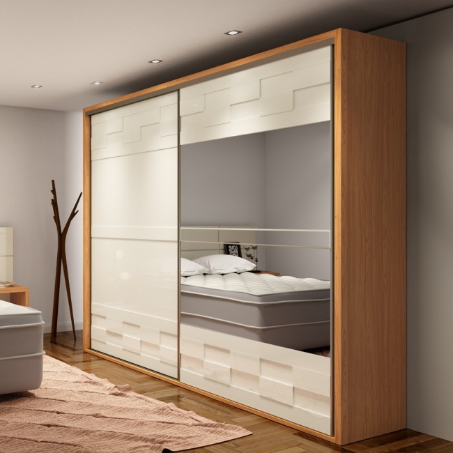 Guarda-Roupa 2 Portas de Correr 4 Gavetas Espelhado Basic Freijó/Off White - Dalla Costa