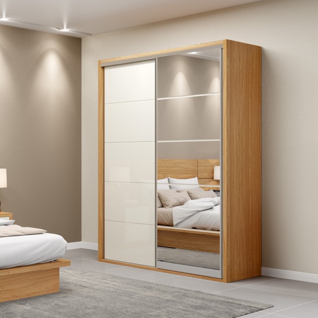 Guarda-Roupa 2 Portas de Correr 2 Gavetas 3 Prateleiras Espelhado Basic Freijó/Off White - Dalla Costa