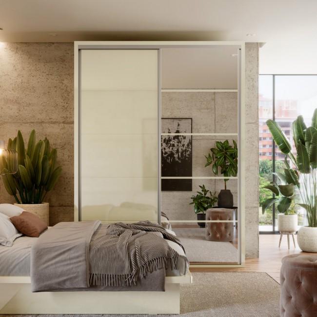 Guarda-Roupa 2 Portas de Correr 2 Gavetas 3 Prateleiras Espelhado Basic Off White - Dalla Costa