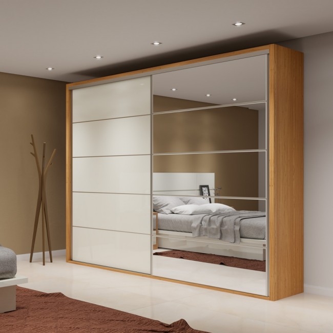 Guarda-Roupa 2 Portas de Correr 4 Gavetas 6 Prateleiras Espelhado Basic Freijó/Off White - Dalla Costa