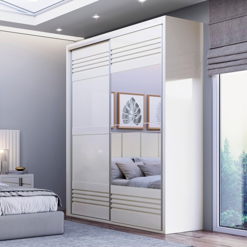 Guarda-Roupa 2 Portas de Correr 2 Gavetas Espelhado Ripado Off White - Dalla Costa