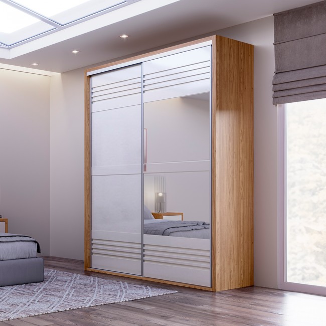 Guarda-Roupa 2 Portas de Correr 8 Prateleiras Espelhado Ripado Freijó/Off White - Dalla Costa