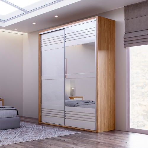 Guarda-Roupa 2 Portas de Correr 8 Prateleiras Espelhado Ripado Freijó/Off White - Dalla Costa