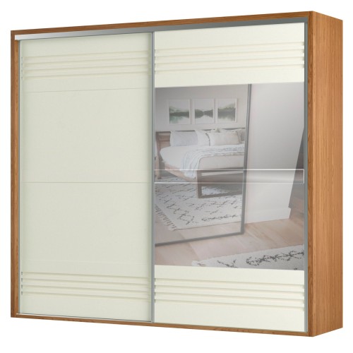 Guarda-Roupa 2 Portas de Correr 4 Gavetas 6 Prateleiras Espelhado Ripado Freijó/Off White - Dalla Costa