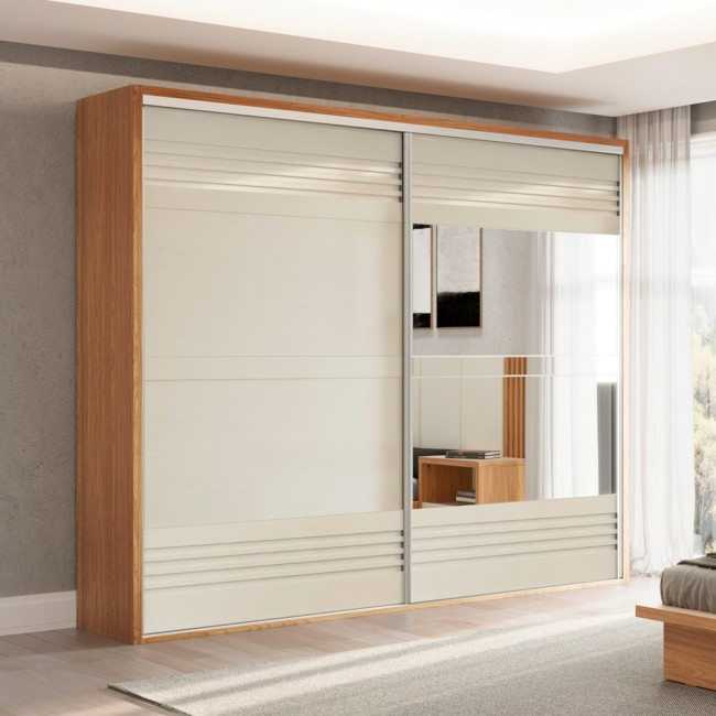 Guarda-Roupa 2 Portas de Correr 4 Gavetas 6 Prateleiras Espelhado Ripado Freijó/Off White - Dalla Costa