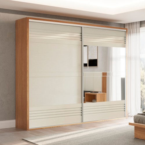 Guarda-Roupa 2 Portas de Correr 4 Gavetas 6 Prateleiras Espelhado Ripado Freijó/Off White - Dalla Costa