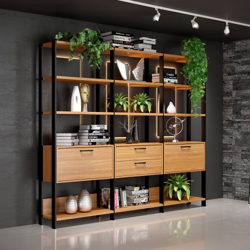 Estante para Livros 2 Portas 2 Gavetas Industrial Freijó/Preto - Dalla Costa