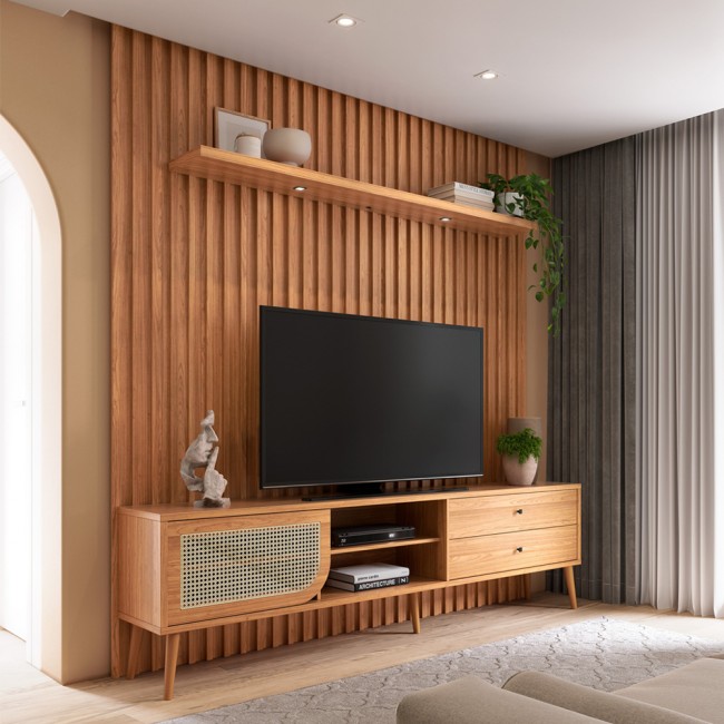 Rack com Painel para TV Até 75 Polegadas 2 Gavetas 1 Porta com Led Ripado Freijó - Dalla Costa