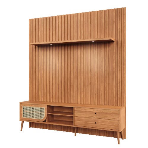 Rack com Painel para TV Até 75 Polegadas 2 Gavetas 1 Porta com Led Ripado Freijó - Dalla Costa