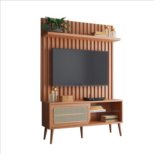 Rack com Painel para TV 139cm Até 55 Polegadas 1 Porta com Palha Natural e Ripado Freijó - Dalla Costa