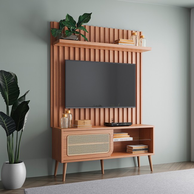Rack com Painel para TV 139cm Até 55 Polegadas 1 Porta com Palha Natural e Prateleira com Fita Led Ripado Freijó - Dalla Costa