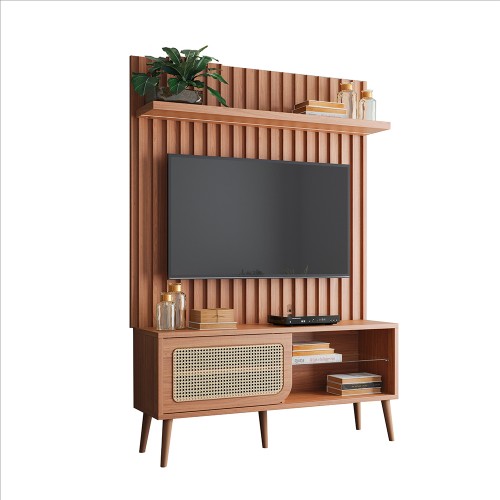 Rack com Painel para TV 139cm Até 55 Polegadas 1 Porta com Palha Natural e Prateleira com Fita Led Ripado Freijó - Dalla Costa