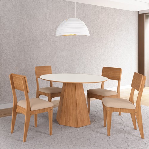 Mesa de Jantar Redonda 115cm com Pé Hexagonal Off White/ Freijó