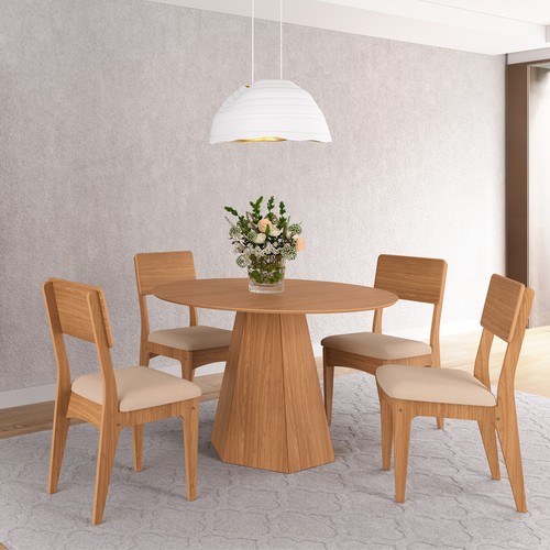 Mesa de Jantar Redonda 115cm com Pé Hexagonal Freijó