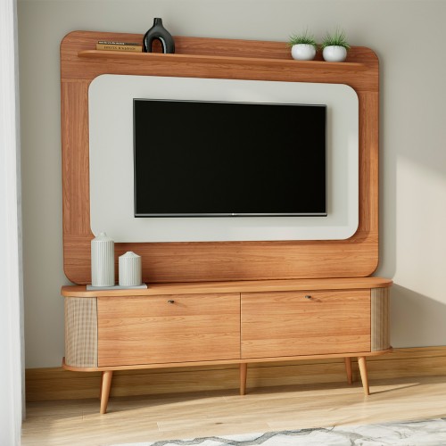 Rack com Painel para TV Até 60 Polegadas 2 Portas Tela Sintética Curve Off White/Freijó - Dalla Costa