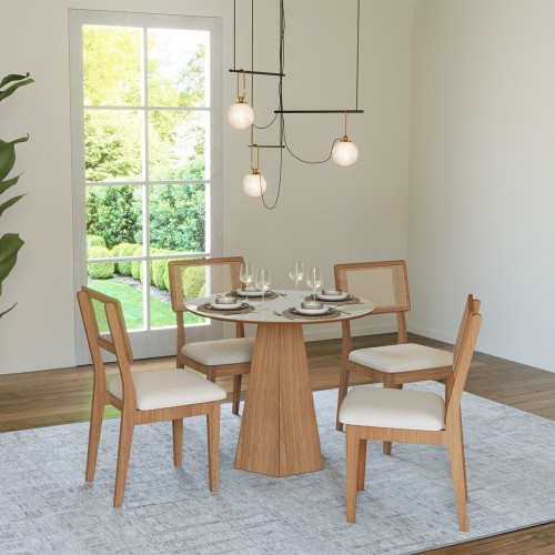 Mesa de Jantar 4 Lugares Redonda com Pé Hexagonal Lisboa Off White/Freijó - Dalla Costa