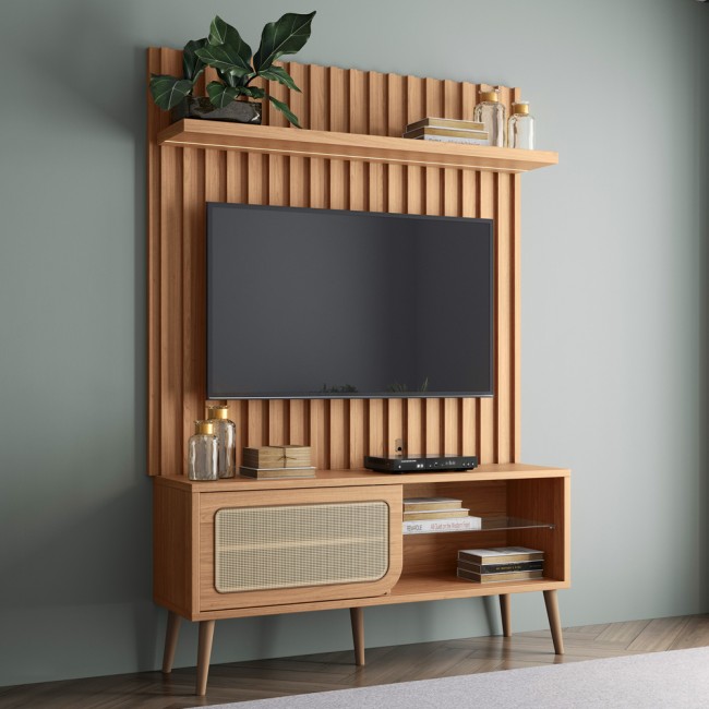 Rack com Painel para TV Até 55 Polegadas 1 Porta com Fita Led Ripado Freijó - Dalla Costa