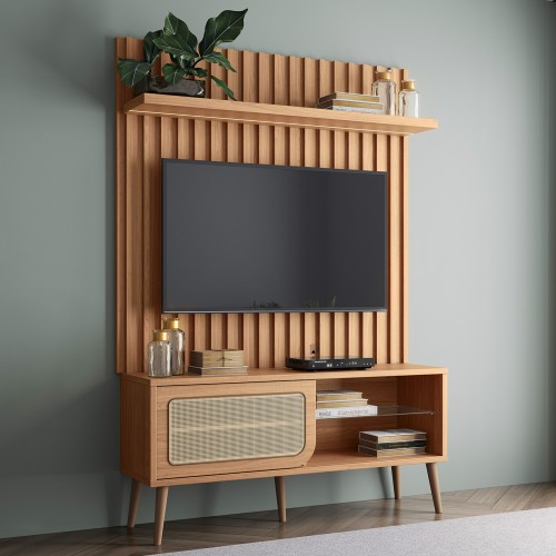 Rack com Painel para TV Até 55 Polegadas 1 Porta com Fita Led Ripado Freijó - Dalla Costa