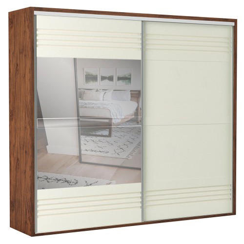 Guarda-Roupa 2 Portas de Correr 4 Gavetas 6 Prateleiras Espelhado Ripado Nobre/Off White - Dalla Costa
