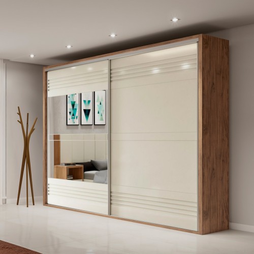 Guarda-Roupa 2 Portas de Correr 4 Gavetas 6 Prateleiras Espelhado Ripado Nobre/Off White - Dalla Costa