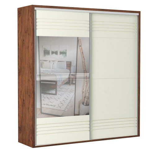 Guarda-Roupa 2 Portas de Correr 11 Prateleiras Espelhado Ripado Nobre/Off White - Dalla Costa