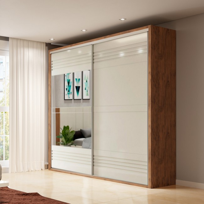 Guarda-Roupa 2 Portas de Correr 11 Prateleiras Espelhado Ripado Nobre/Off White - Dalla Costa