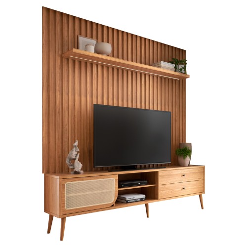 Rack com Painel para TV Até 75 Polegadas 2 Gavetas 1 Porta com Fita Led Ripado Freijó - Dalla Costa