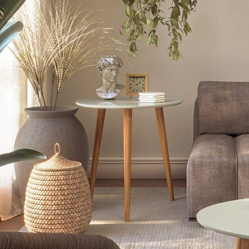 Mesa de Canto Redonda 60cm Lisboa Off White/Freijó - Dalla Costa