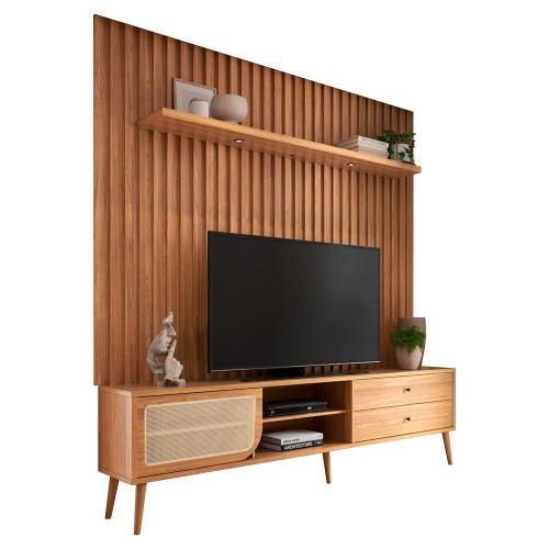 Rack com Painel para TV Até 75 Polegadas 2 Gavetas 1 Porta com Led Ripado Freijó - Dalla Costa