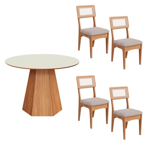 Conjunto Sala de Jantar Mesa Lisboa Hexagonal Off White/Freijó com 4 Cadeiras Palha Sintética 100% Mdf Freijó/Bege Claro J20